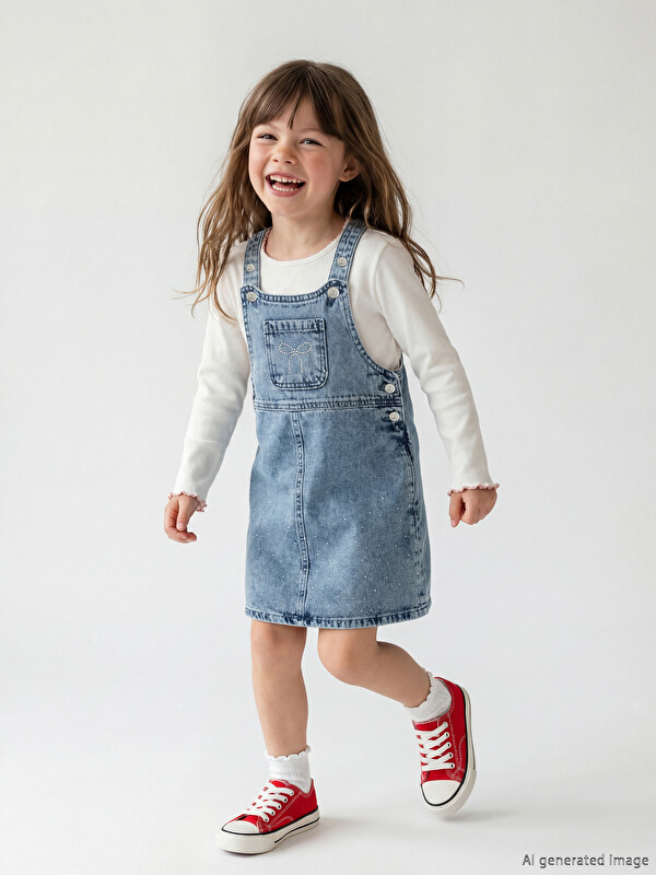 LCW Kids Fiyonk ve Taşlı Kız Çocuk Jean Salopet Elbise