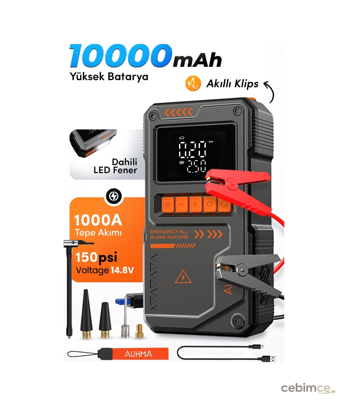 Auhma A8822 4-in-1 Akıllı Akü Takviye Cihazı Ve Hava Pompası - 10000mah Powerbank & Sos Fener