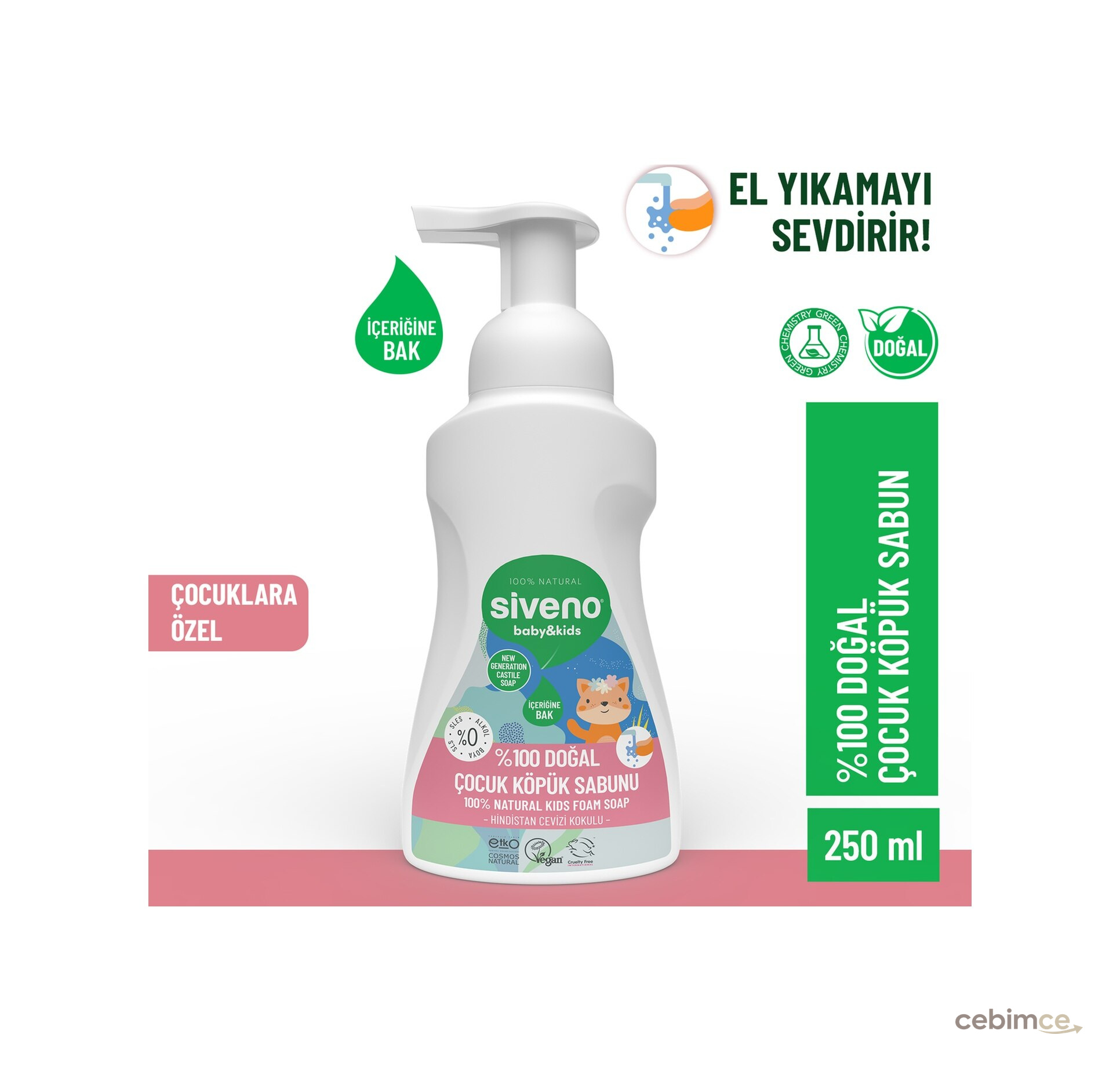Siveno %100 Doğal Çocuk Köpük Kastil Sabun Zeytinyağlı Yoğun Nemlendirici Arındırıcı Bitkisel Vegan 250 ml