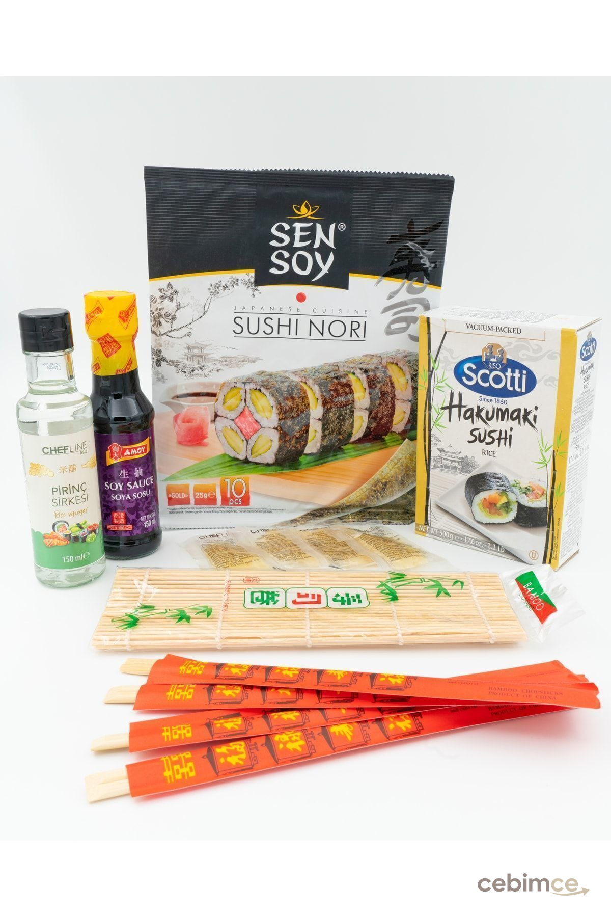 ithal bakkal Sushi Seti Başlangıç, Sushi Yosun, Pirinç Sirkesi, Soya Sosu, Sushi Pirinci, Bamboo Mat, Chopstick